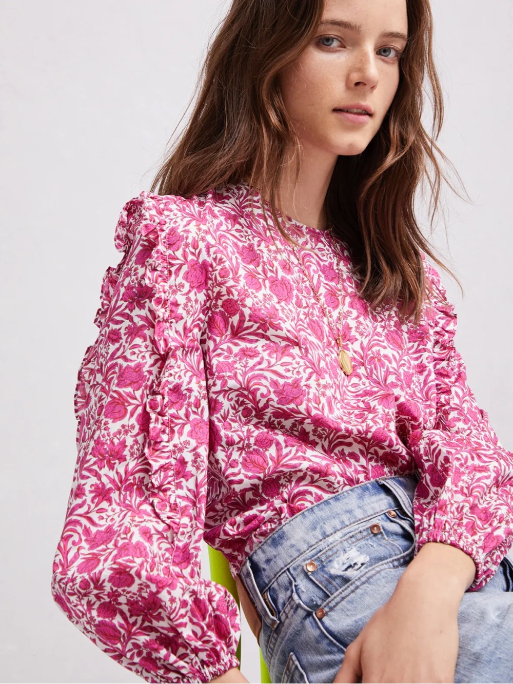 JCrew Liberty Floral Ruffle Long-Sleeve Top - Pink